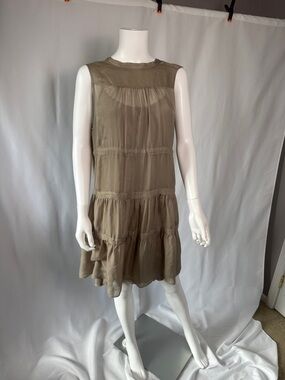 Katherine Barclay Silk Olive Taupe Sleeveless Tiered Dress